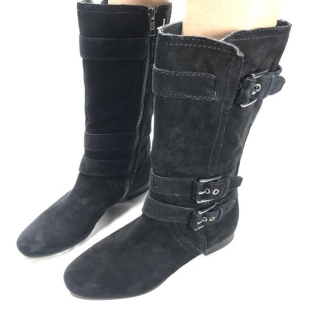 Coach Brenna side zip boots black suede leather mid calf 6B 3 buckles